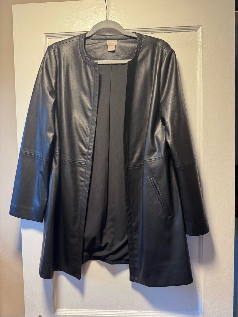 Chico's Black Faux Leather Open Coat
